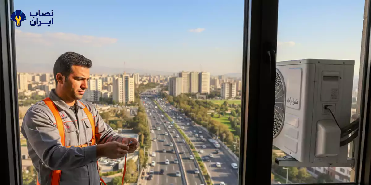 سرویسکار کولر گازی در حال تعمیر یونیت خارجی در بالکن برجهای شهرک اکباتان منطقه ۵ تهران